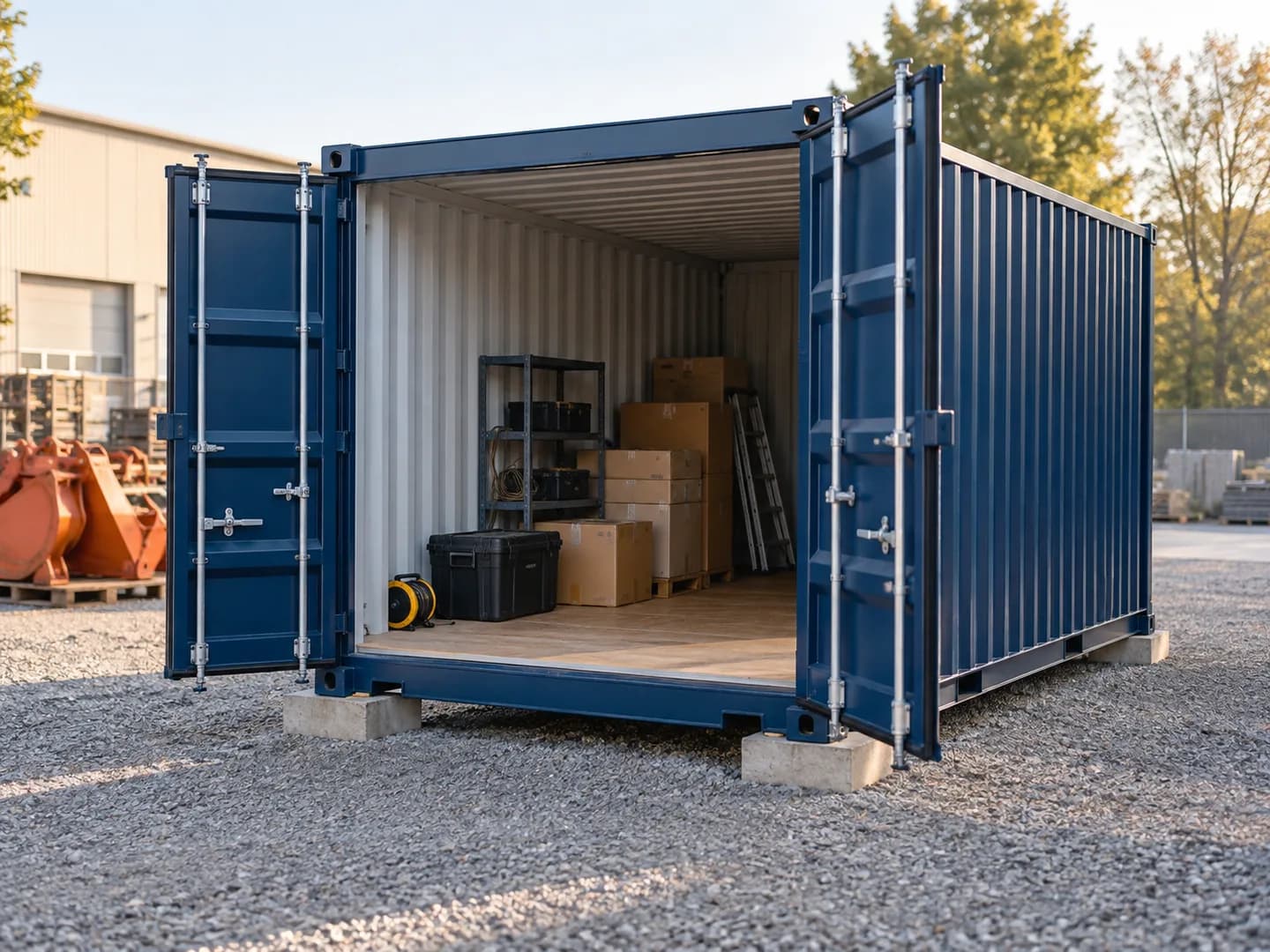 Conteneur bleu marine ouvert, aménagé pour le stockage temporaire de cartons et de matériel.